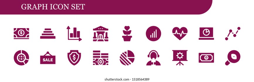 graph icon set. 18 filled graph icons.  Simple modern icons about  - Money, Pyramid, Graph, Bank, Growth, Bars graphics, Cardiogram, Analytics, Stats, Big data, Sale, Pie chart