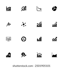 Graph-Symbol-Set-Diagramme, Vektorgrafik-Linien-Symbole gesetzt. Grafik, Finanzbericht, Einkommenswachstum, Wirtschaftsstatistik, Gantt-Diagramm, Infografik, Mind Map, Datenvisualisierung, Vektorgrafik.