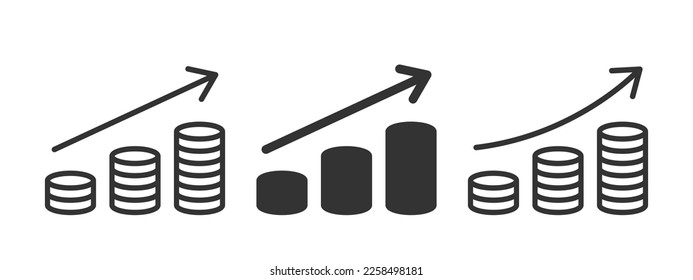 Graph icon set. Coin stacks and increasing growing arrow sign. Vector illustration business and finance concept design.