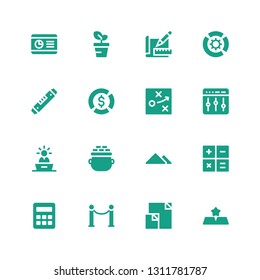 graph icon set. Collection of 16 filled graph icons included Gold, Data, Line, Calculator, Pyramid, Presentation, Levels, Strategy, Pie chart, Level, Diagram, Sketch, Growth, Graph