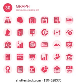 graph icon set. Collection of 30 filled graph icons included Pyramid, Pie chart, Bank, Loader, Calculator, Strategy, Sketch, Presentation, Diagram, Levels, Graph, Music memos