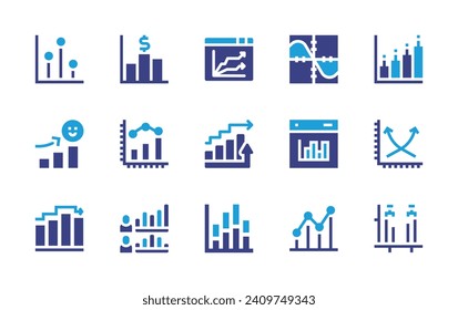 Conjunto de iconos de gráfico. Color de duotona. Ilustración vectorial. Conteniendo gráfico, barra, gráfico de líneas, gráficos, gráfico de crecimiento, análisis, matemáticas, encuesta.