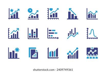 Graph Icon Set. Duotonfarbe. Vektorgrafik. Enthält Diagramm, Gewinne, Zeit bis zur Vermarktung, ipo, Barkarte, Dokument, Graph, Strichdiagramm, Zeilendiagramm.