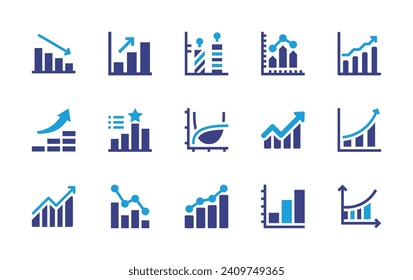 Graph icon set. Duotone color. Vector illustration. Containing line chart, decreasing, success, bar chart, increase, chart, bar graph, graph, profits, function, decrease.