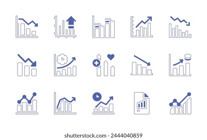 Conjunto de iconos de gráfico. Trazo de línea de estilo duotono y negrita. Ilustración vectorial. Contiene gráfico, decreciente, gráfico de barras, tiempo de comercialización, salida a bolsa, estadísticas, gráfico, gráfico de líneas, gráfico de barras.