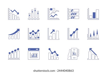 Conjunto de iconos de gráfico. Trazo de línea de estilo duotono y negrita. Ilustración vectorial. Conteniendo gráfico, crecimiento, gráfico de barras, disminución, gráfico, gráfico de barras, disminución.