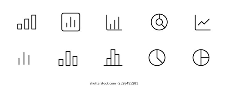 Conjunto de ícones de gráfico. Barra crescente, gráficos de negócios e ícones de gráficos. Ícone de vetor de estatística e análise. Estatísticas e dados, diagramas de gráficos, dinheiro, seta para baixo ou para cima. Ilustração editável do vetor. traçado