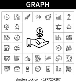 graph icon set. line icon style. graph related icons such as app, profits, rising, sound, investment, pie chart, tax, presentation, analytics, line chart, global warming, portfolio