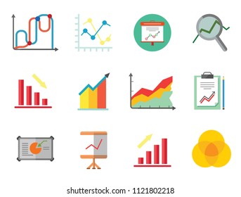 Graph Icon Set. Magnifier And Graph Growing Bar Chart Declining Bar Chart Venn Diagram Clipboard Flipchart With Graph Smart Board Histogram Line Graph Computer With Histogram Projection Screen Chart
