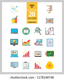 Graph Icon Set. Magnifier And Graph Growing Bar Chart Declining Bar Chart Venn Diagram Clipboard Flipchart With Graph Smart Board Histogram Line Graph Computer With Histogram Projection Screen Chart