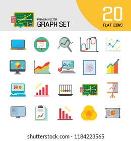 Graph Icon Set. Magnifier And Graph Growing Bar Chart Declining Bar Chart Venn Diagram Clipboard Flipchart With Graph Smart Board Histogram Line Graph Computer With Histogram Projection Screen Chart