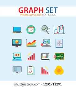 Graph Icon Set. Magnifier And Graph Growing Bar Chart Declining Bar Chart Venn Diagram Clipboard Flipchart With Graph Smart Board Histogram Line Graph Computer With Histogram Projection Screen Chart