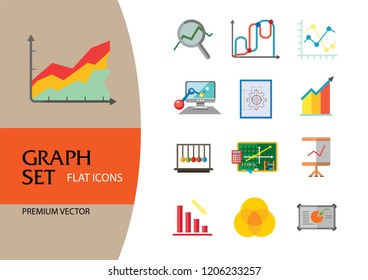 Graph Icon Set. Magnifier And Graph Growing Bar Chart Declining Bar Chart Venn Diagram Clipboard Flipchart With Graph Smart Board Histogram Line Graph Computer With Histogram Projection Screen Chart