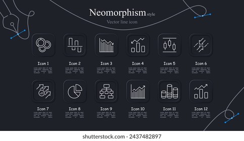 Graph icon set. Pie chart, falling values, rising prices, arrow. Neomorphism style. Vector line icon for business and advertising