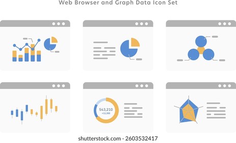 Graph Icons on Web Browser Screen – Data Visualization Dashboard (Flat Vector)