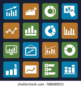graph icons set. Set of 16 graph filled icons such as pie chart, chart, statistic