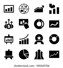 graph icons set. Set of 16 graph filled icons such as board, pie chart, chart, marketing, arrows up, medal