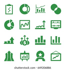 Graph icons set. set of 16 graph filled icons such as pie chart, circle intersection, graph, heartbeat, chart, arrows up, medal, money up