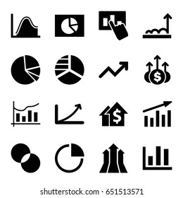 Graph icons set. set of 16 graph filled icons such as pie chart, circle intersection, chart, arrows up, money up
