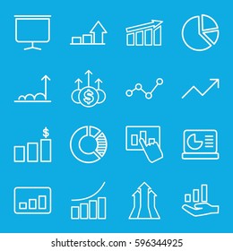 graph icons set. Set of 16 graph outline icons such as board, chart on display, arrows up, money chart