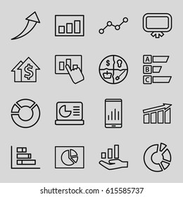 Graph icons set. set of 16 graph outline icons such as board, pie chart, chart on display, arrow up, dolar growth, statistic, chart