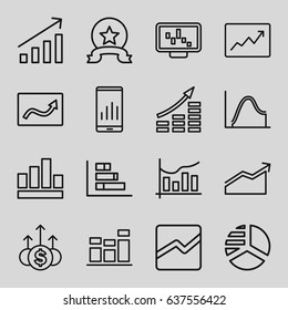 Graph icons set. set of 16 graph outline icons such as pie chart, line chart, chart, medal, money up