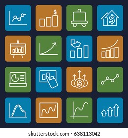 Graph icons set. set of 16 graph outline icons such as board, chart, chart on display, money chart, money up