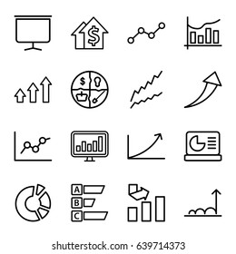 Graph icons set. set of 16 graph outline icons such as pie chart, chart, board, chart on display, arrow up, dolar growth, statistic