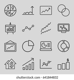 Graph icons set. set of 16 graph outline icons such as circle intersection, pie chart, chart, dolar growth