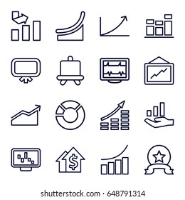 Graph icons set. set of 16 graph outline icons such as board, heartbeat, chart, medal, money growth, dolar growth