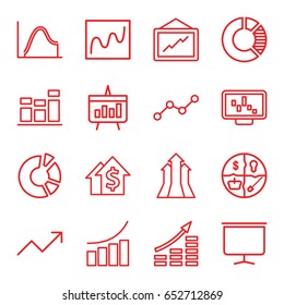 Graph icons set. set of 16 graph outline icons such as pie chart, board, chart, arrows up, money growth, dolar growth
