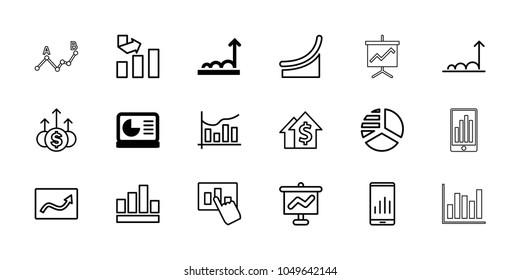 Graph icons. set of 18 editable outline graph icons: chart on display, pie chart, dolar growth