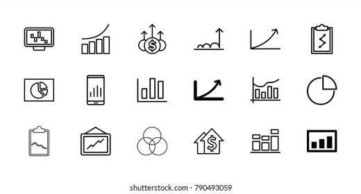 Graph icons. set of 18 editable outline graph icons: chart, pie chart, dolar growth, clipboard with chart, money up