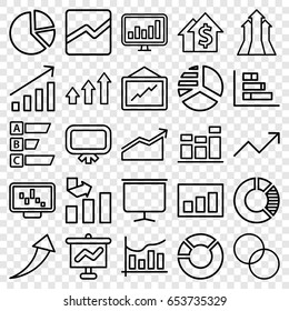 Graph icons set. set of 25 graph outline icons such as board, pie chart, circle intersection, line chart, chart, arrows up, arrow up, dolar growth