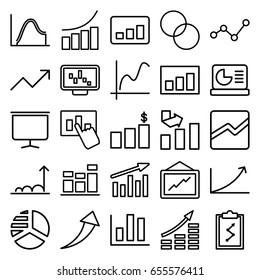 Graph icons set. set of 25 graph outline icons such as pie chart, circle intersection, line chart, board, arrow up