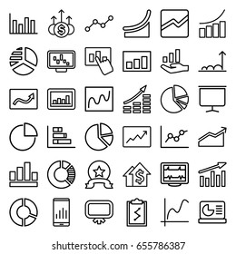 Graph icons set. set of 36 graph outline icons such as board, pie chart, heartbeat, line chart, medal, money up