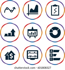 graph icons set. Set of 9 graph filled icons such as heartbeat, graph, chart, statistic, pie chart, dolar growth