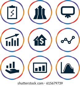 Graph icons set. set of 9 graph filled icons such as board, chart, arrows up, dolar growth
