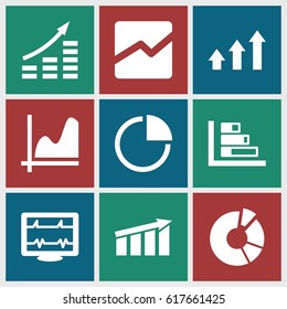 Graph icons set. set of 9 graph filled icons such as pie chart, heartbeat, line chart, graph, chart