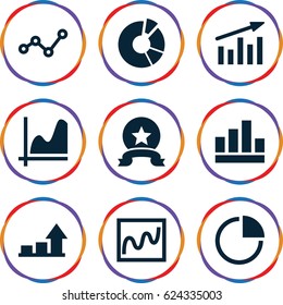 Graph icons set. set of 9 graph filled icons such as pie chart, graph, chart