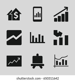 Graph icons set. set of 9 graph filled icons such as board, line chart, chart