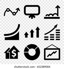Graph icons set. set of 9 graph filled icons such as board, graph, pie chart, chart, money growth