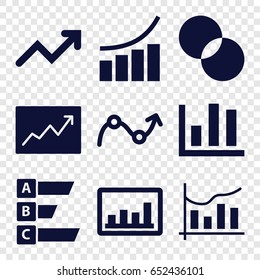 Graph icons set. set of 9 graph filled icons such as circle intersection, chart