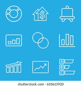 Graph icons set. set of 9 graph outline icons such as board, circle intersection, line graph, chart, dolar growth, statistic