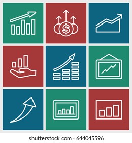 Graph icons set. set of 9 graph outline icons such as chart, arrow up, money up