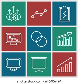 Graph icons set. set of 9 graph outline icons such as board, circle intersection, money up, clipboard with chart