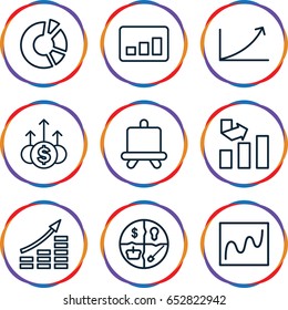 Graph icons set. set of 9 graph outline icons such as board, graph, pie chart, money up, chart, money growth