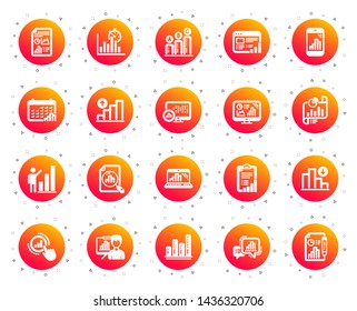 Graph icons. Set of Chart presentation, Report, Increase growth graph icons. Analytics testing, Falling demand, Pie chart report. Calendar statistics, Stats. Ab testing, Increase sales. Vector