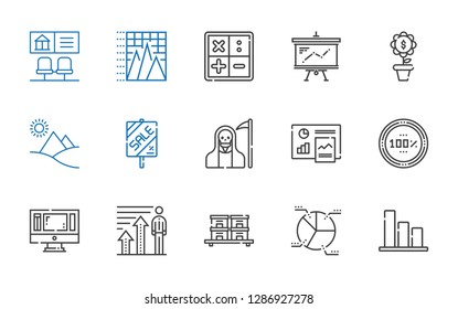 graph icons set. Collection of graph with bar chart, pie chart, stock, profits, monitor, percentage, analytics, death, sale, pyramid, growth. Editable and scalable graph icons.