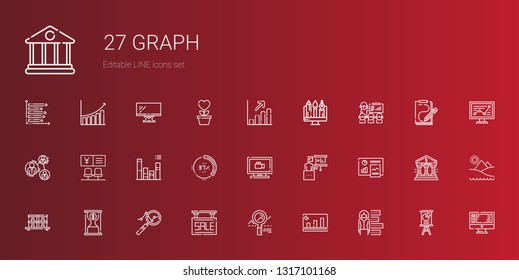graph icons set. Collection of graph with bar chart, analytics, sale, time is money, stock, presentation, monitoring, percentage, bank, analysis. Editable and scalable graph icons.